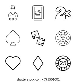 Poker icons. set of 9 editable outline poker icons such as hearts, diamonds, 25 casino chip, casino bet, dice, spades