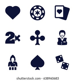 Poker icons set. set of 9 poker filled icons such as spades, clubs, hearts, casino girl, casino bet