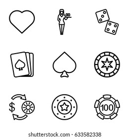 Poker icons set. set of 9 poker outline icons such as pllaying card, spades, hearts, casino chip and money, 100 casino chip