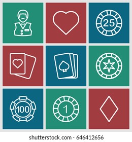 Poker icons set. set of 9 poker outline icons such as pllaying card, hearts, diamonds, 1 casino chip, 25 casino chip