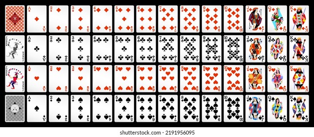 Poker with isolated cards on a black background. Playing cards for poker, full deck.