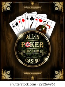 Poker Jacks. Vector background. Poker and casino label. Texas holdem. All-in. Wood texture.