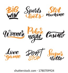 Poker lettering quotes set. Inspirational handwritten brush lettering. Vector calligraphy stock illustration isolated on white background. Typography for banners, badges, postcard, t-shirt, prints.