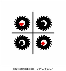 Poker logo design with saw blade illustration and red and black poker card symbols.
