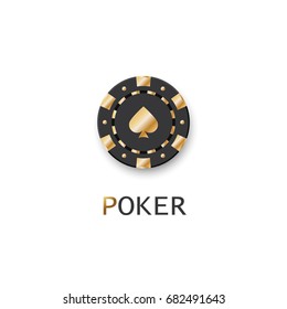Poker logo. Single black chip with golden elements isolated on white background. A symbol of luxury casino.