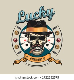 Poker lucky skull. Colorful isolated element with dead skeleton head in fedora hat, cards, dices, roulette vector illustration. Gambling or casino concept for symbols and emblems templates