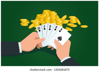 Poker Match. Male Hands Holding Card. Royal Flush. Vector Illustration