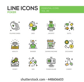 Poker - modern vector line design icons and pictograms set. Playing cards, dice, suits, jackpot, wealth, banker, gaming machine, exchange, money, win, poker online, cherry