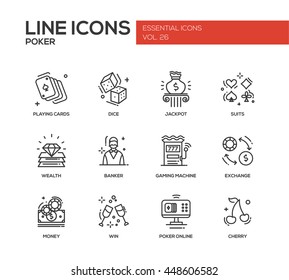 Poker - modern vector plain line design icons and pictograms set. Playing cards, dice, suits, jackpot, wealth, banker, gaming machine, exchange, money, win, cherry