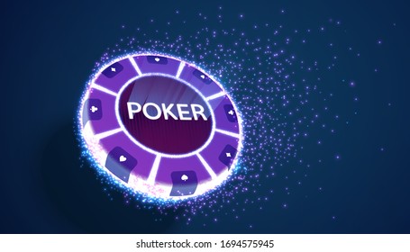 Poker Neon Chip Flying. Vector Background.