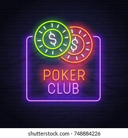 Poker neon sign. Neon sign. Casino logo, emblem and label. Bright signboard, light banner. 