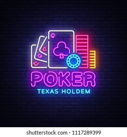 Poker neon sign design vector template. Casino Poker Texas Holdem Night Logo, Bright Neon Signboard, Design Element for Casino, Gambling Neon, Bright Night Advertising. Vector