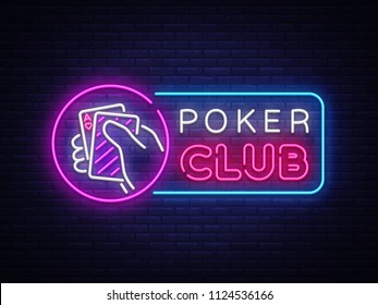 Poker neon sign design vector template. Casino Poker Night Logo, Bright Neon Signboard, Design Element for Casino, Gambling Neon, Bright Night Advertising. Vector Illustration