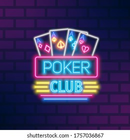 Poker neon sign design vector flat illustration. Casino glowing light signboard isolated on brick wall background. Symbol of gambling with game cards. Trendy logo with design elements