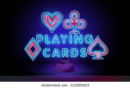 Poker neon sign. Hand Holding Playing Cards. Casino Poker Texas Holdem Night Logo, Bright Neon Signboard, Design Element for Casino, Gambling Neon