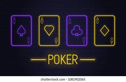 Poker neon sign. Set of 4 neon aces. Poker club logo, emblem. Light banner. Vector illustration.