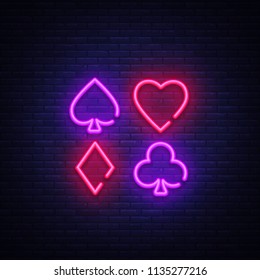 Poker Neon sign vector design template. Poker symbols neon logo, light banner design element colorful modern design trend, night bright advertising, bright sign. Vector illustration