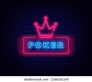 Poker neon sign.Pink royal crown. Internet gambling game. Winner concept. Glowing emblem on brick wall. Editable stroke. Vector stock illustration