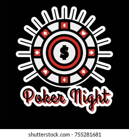 Poker night banner vector illustration. Big round emblem with dollar icon in center and with card suits around it logotype isolated on white. Gambling promotion sign board with logo design flat style