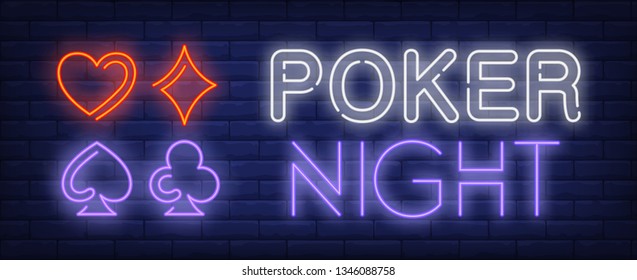 Poker Night neon text with four suit symbols. Gambling and poker club design. Night bright neon sign, colorful billboard, light banner. Vector illustration in neon style.