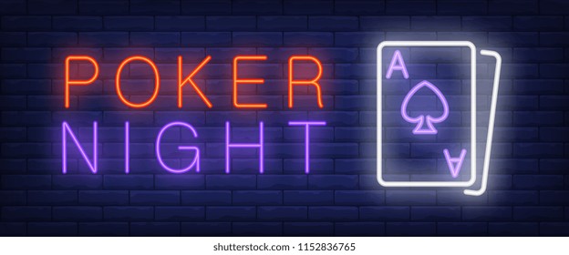 Poker night neon text with playing cards. Gambling and casino concept. Advertisement design. Night bright neon sign, colorful billboard, light banner. Vector illustration in neon style.