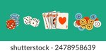 Poker night set. Playing cards, casino chips, token, dice, card suits. Hand drawn Vector illustration. Tournament, game, casino, poker, gambling, game, fun concept. Isolated design elements