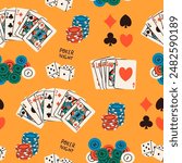 Poker night set. Playing cards, casino chips, token, dice, card suits. Hand drawn Vector illustration. Tournament, game, casino, poker, gambling, fun concept. Square seamless Pattern, background