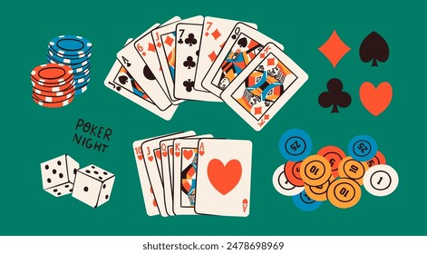 Poker night set. Playing cards, casino chips, token, dice, card suits. Hand drawn Vector illustration. Tournament, casino, poker, gambling, game, fun concept. Isolated design elements