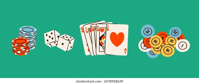 Poker night set. Playing cards, casino chips, token, dice, card suits. Hand drawn Vector illustration. Tournament, game, casino, poker, gambling, game, fun concept. Isolated design elements