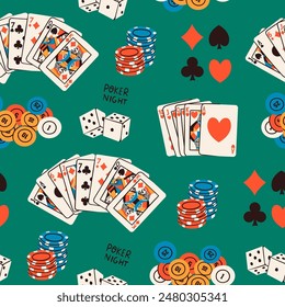 Poker night set. Playing cards, casino chips, token, dice, card suits. Hand drawn Vector illustration. Tournament, game, casino, poker, gambling, fun concept. Square seamless Pattern, background