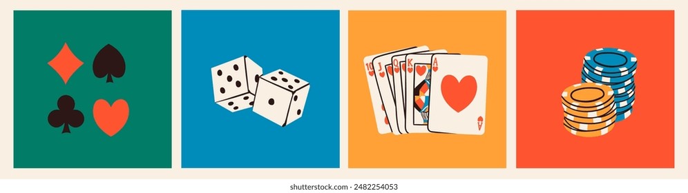 Poker-Nacht-Set. Spielkarten, Casino-Chips, Token, Würfel, Kartenanzüge. Handgezeichnete Vektorillustration. Turnier, Casino, Poker, Glücksspiel, Spiel, Spaß Konzept. Isolierte Design-Elemente