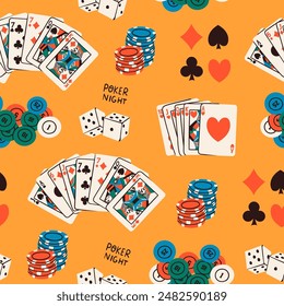 Juego de noche de póquer. Jugar a las cartas, fichas de casino, fichas, dados, palos de cartas. Ilustración vectorial dibujada a mano Torneo, juego, casino, póquer, juego, concepto de diversión. Cuadrado sin costura Patrón, fondo