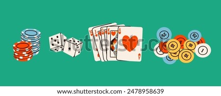 Poker night set. Playing cards, casino chips, token, dice, card suits. Hand drawn Vector illustration. Tournament, game, casino, poker, gambling, game, fun concept. Isolated design elements