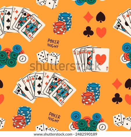 Poker night set. Playing cards, casino chips, token, dice, card suits. Hand drawn Vector illustration. Tournament, game, casino, poker, gambling, fun concept. Square seamless Pattern, background
