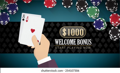 Poker online banner with hand holding two aces and chips all around