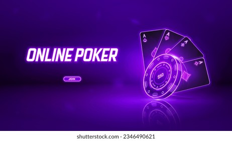 Poker online banner. Neon casino web banner with glowing chips and playing cards.  Vector illustration