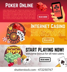 Poker online gaming lottery internet casino vector banners set. Start playing now, roulette and dice illustration