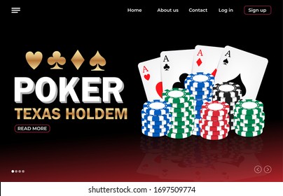 Poker online landing page template. Gambling Casino landing page. Gambling roulette website big lucky prize, realistic 3D chip and poker card vector illustration.