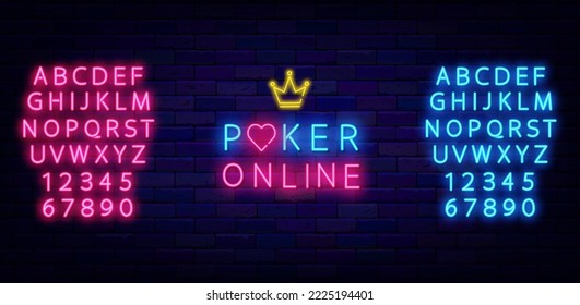 Poker online neon signboard with crown. Card games lover. Luminous blue and pink alphabet. Bright street advertising. Online gambling. Winner concept. Glowing label. Vector stock illustration