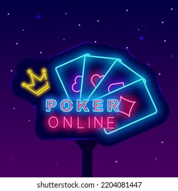 Poker online neon street billboard. Night glowing advertising. Playing cards with crown. Internet gambling game. Winner concept. Luminous banner. Editable stroke. Vector stock illustration