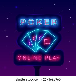 Poker online play neon street billboard. Night advertising. Playing cards. Internet gambling game. Winner concept. Glowing emblem on brick wall. Editable stroke. Vector stock illustration