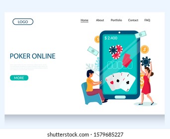 Poker online vector website template, web page and landing page design for website and mobile site development. Huge smartphone and female characters playing internet casino poker game.