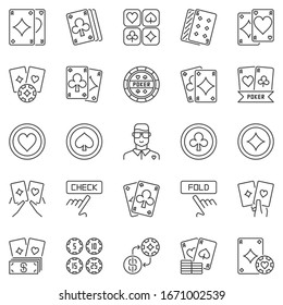 Poker outline icons set - vector hearts, clubs, spades and diamonds Texas hold'em or Casino linear symbols