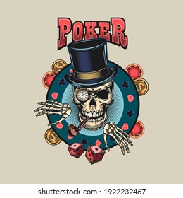 Poker player skull. Colorful isolated element with dead skeleton head in top hat vector illustration. Gambling or casino concept for symbols and emblems templates