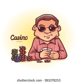 poker player in sunglasses, has some cards, poker chips, casino, cartoon character, vector illustration