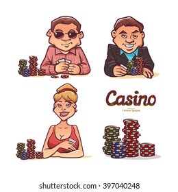 poker players, man in sunglasses, has some cards, poker chips, casino, cartoon characters, woman, vector illustration