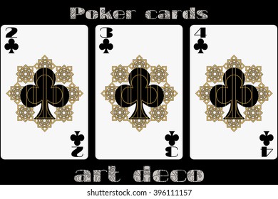 Poker playing card. 2 clubs. 3 clubs. 4 clubs. Poker cards in the art deco style. Standard size card.