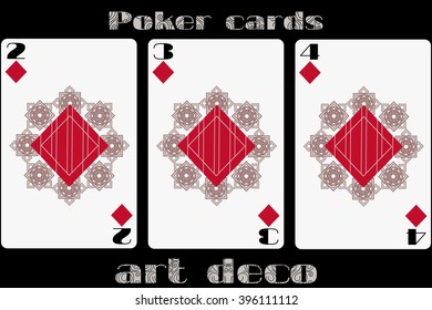 Poker playing card. 2 diamond. 3 diamond. 4 diamond. Poker cards in the art deco style. Standard size card.