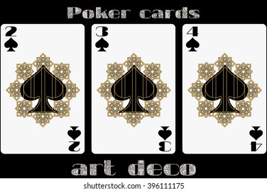 Poker playing card. 2 spade. 3 spade. 4 spade. Poker cards in the art deco style. Standard size card.