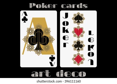 Poker playing card. Ace clubs. Joker. Poker cards in the art deco style. Standard size card.